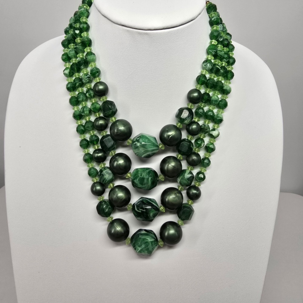 Vintage Green Multi Strand Beaded Statement Necklace Graduated Tiered Marbled - Picture 10 of 10
